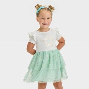 Toddler Girl Short Sleeve Star Tulle Dress-Cat & Jack Cream Aqua green 4t NWT